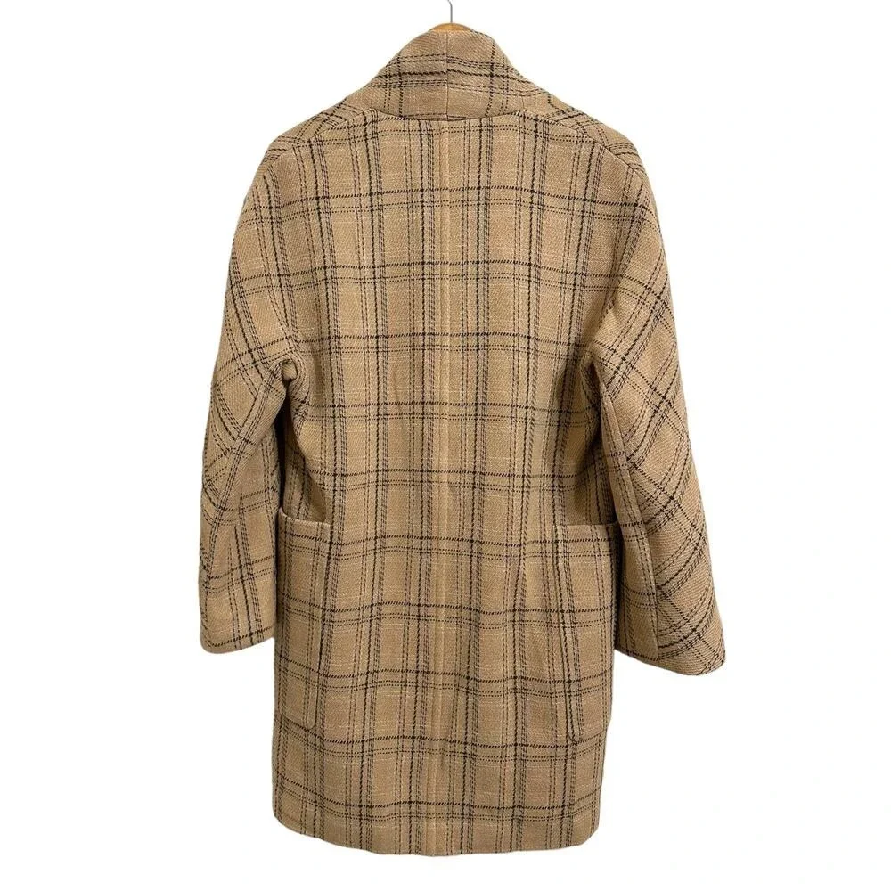 Quiet Luxury Vince‎ Plaid Wool Blend Open Front Coat Tan Black XXS V675791302